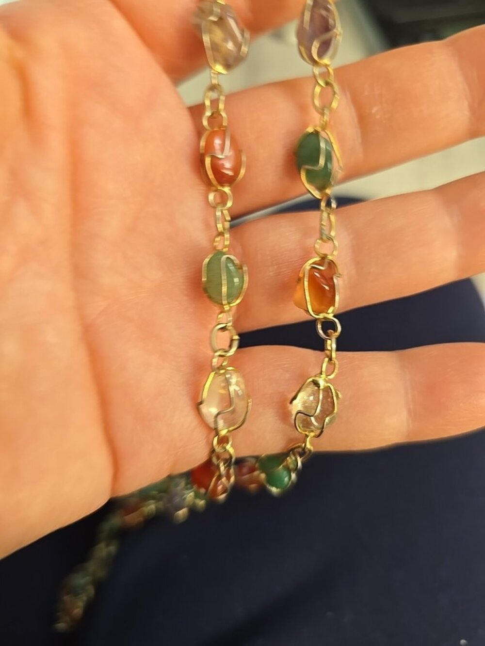 Vintage Caged Semi Precious Gemstones Necklace Gold Tone Artisan Hand Made